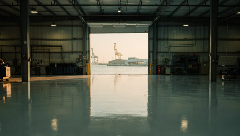 A finished commercial floor in a Gulf Coast port-side industrial workshop, coated floor, bay water and dock cranes visible through the open bay door