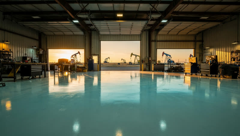 A finished commercial floor in a Permian Basin oilfield service yard workshop in West Texas, chemical-resistant floor, pump jacks on the horizon at golden hour